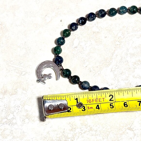 Genuine Gemstone Green Moss Agate Silver Cat on the Moon Beaded Short Necklace - Picture 11 of 13